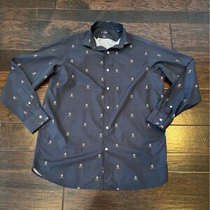 Cremieux Men’s Navy LS Shirt with repeating pattern - crown over crossed swords.